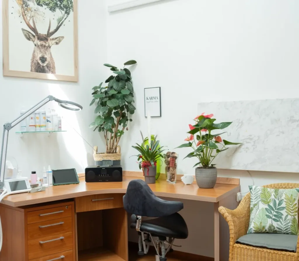 Behandlungsraum mit Arbeitsplatz, Lupenlampe und Zimmerpflanzen